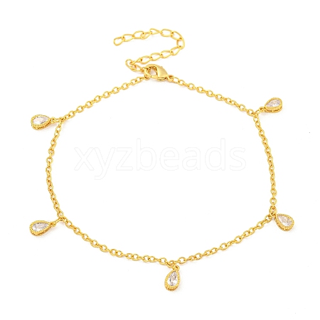 Rack Plating Brass Pave Clear Cubic Zirconia Teardrop Charm Bracelets BJEW-P333-01G-1