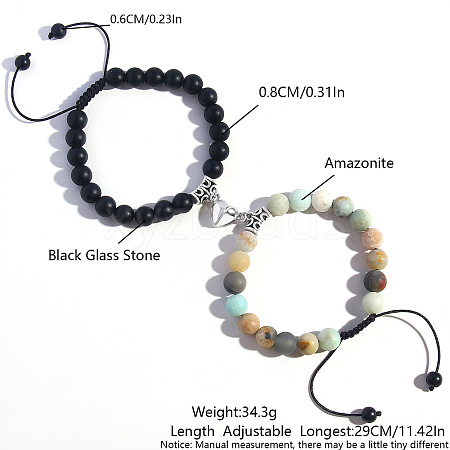 2 Pcs Synthetic Black Stone & Natural Amazonite Couple Bracelets with Heart Magnetic Attraction EH4505-5-1