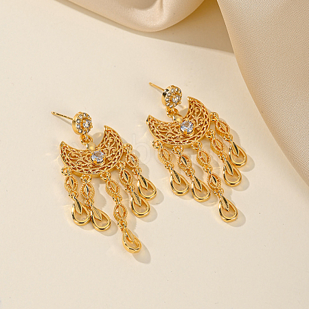 Golden Crescent Moon Tassel Brass Dangle Stud Earrings TM2234-3-1