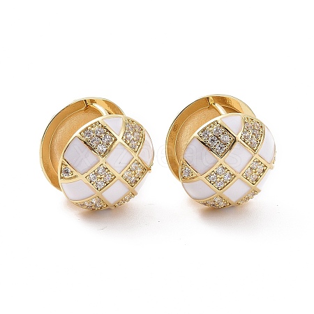 Clear Cubic Zirconia Tartan Pattern Ball Huggie Hoop Earrings with Enamel EJEW-F303-03G-02-1