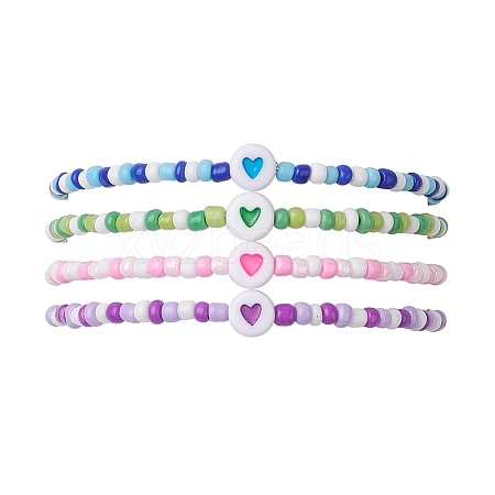 4pcs 4 Colors Acrylic Heart & Glass Seed Beaded Stretch Bracelets BJEW-JB10528-1