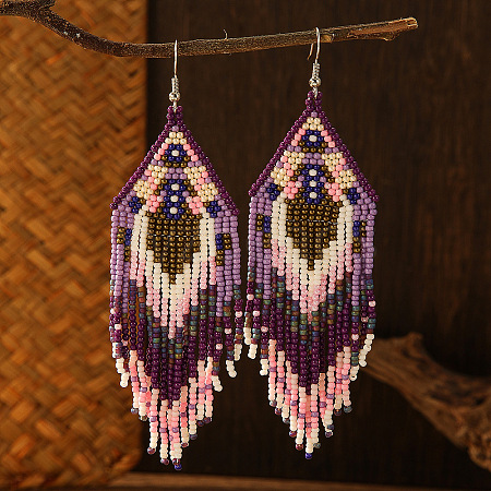 Bohemian Style Purple Pink Glass Bead Tassel Earrings for Women NW9951-1