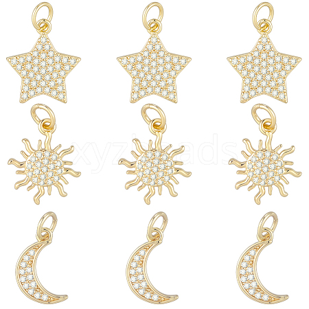 9Pcs 3 Styles Brass Micro Pave Cubic Zirconia Pendants ZIRC-BBC0003-75-1