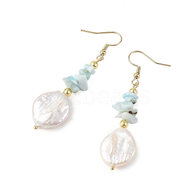 Natural Larimar Chip & Natural Keshi Pearl Dangle Earrings EJEW-JE07445-02-1