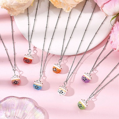 Porcelain Lucky Cat Pendant 304 Stainless Steel Twist Chain Necklaces for Women Men NJEW-JN05552-1