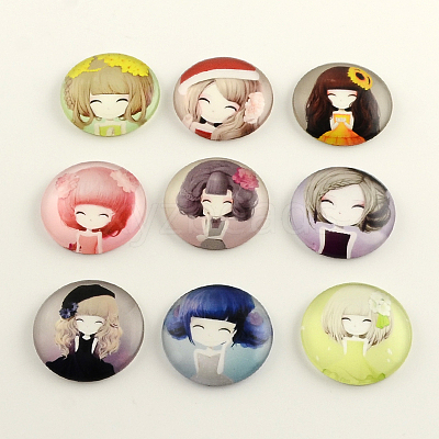 Little Girl Pattern Flatback Half Round Glass Dome Cabochons GGLA-R026-18mm-21-1