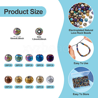 250Pcs 10 Colors Electroplated Natural Lava Rock Beads Strands G-PJ0001-03A-1
