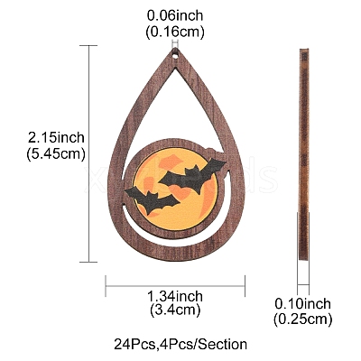 24Pcs 6 Styles Halloween Theme Single Face Printed Aspen Wood Big Pendants WOOD-FS0001-02-1