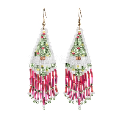 Christmas Tree Glass Seed Beaded Tassel Dangle Earrings for Women EJEW-MZ00207-1