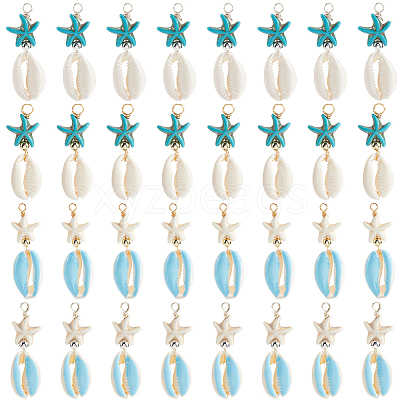 40Pcs 4 Colors Cowrie Shell & Dyed Synthetic Turquoise Starfish Pendants PALLOY-SC0004-40-1