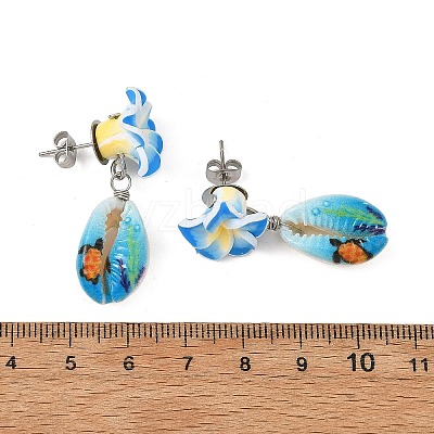 Handmade Polymer Clay 3D Flower Plumeria & Flower Word Printed Cowrie Shell Dangle Stud Earrings for Women EJEW-JE07483-1