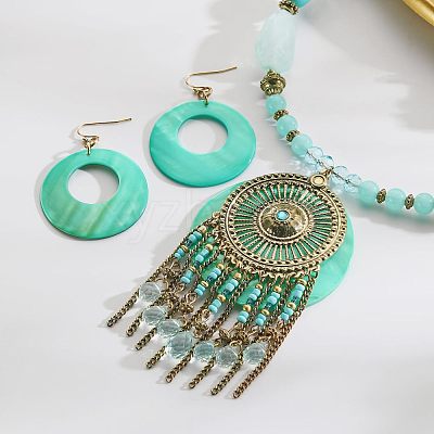Bohemian Ethnic Style Alloy & Acrylic & Natural Shell Flat Round Tassel Pendant Necklaces & Dangle Earrings Sets FS-WGE5C82-02-1