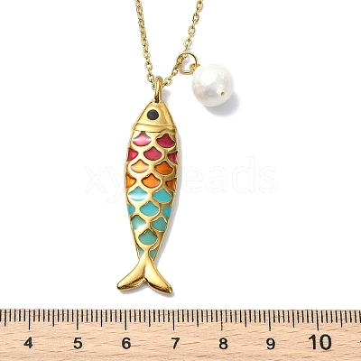 Natural Edison Pearl 304 Stainless Steel Enamel Colorful Fish Pendant Cable Chain Necklaces for Women NJEW-JN06126-1