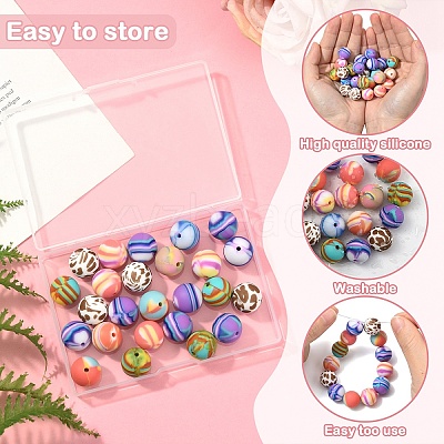 24Pcs 6 Styles Printed Round Silicone Focal Beads SIL-YW0001-76A-1