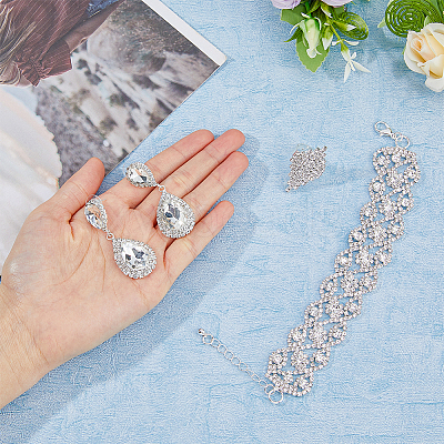 Crystal Rhinestone Teardrop Dangle Stud Earrings & Chain Bracelet & Rhombus Adjustable Ring SJEW-FI0001-19-1