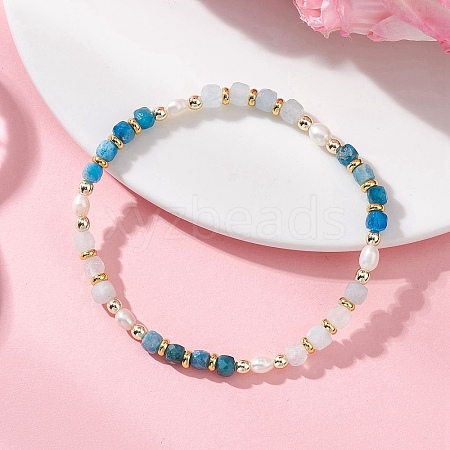 Natural Aquamarine & Natural Apatite  Cube Beaded Stretch Bracelets for Women BJEW-JB13390-02-1