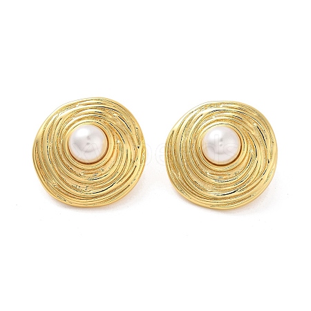 Rack Plating Flat Round Brass ABS Imitation Pearl Stud Earrings EJEW-M029-05G-1