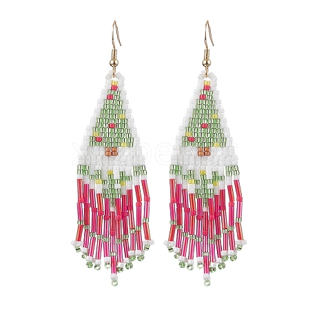 Christmas Tree Glass Seed Beaded Tassel Dangle Earrings for Women EJEW-MZ00207-1