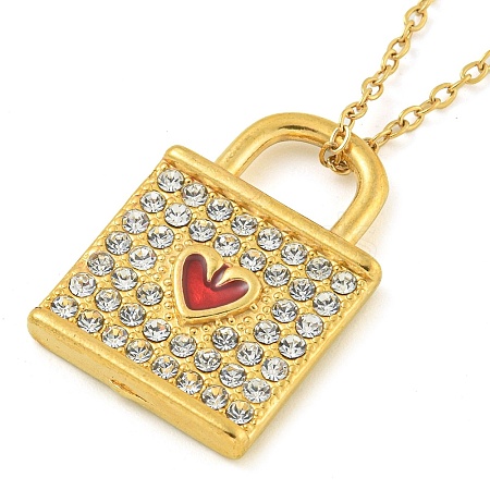 PVD Vacuum Plating 304 Stainless Steel Crystal Rhinestone Lock Pendant Necklaces NJEW-I129-01G-1