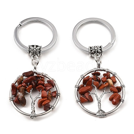 Natural Red Jasper Flat Round with Tree of Life Pendant Keychain KEYC-E023-03L-1