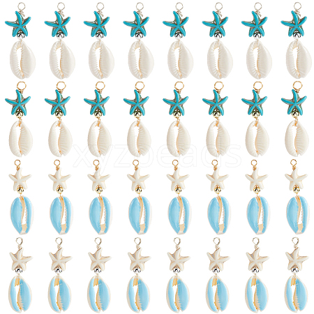 40Pcs 4 Colors Cowrie Shell & Dyed Synthetic Turquoise Starfish Pendants PALLOY-SC0004-40-1