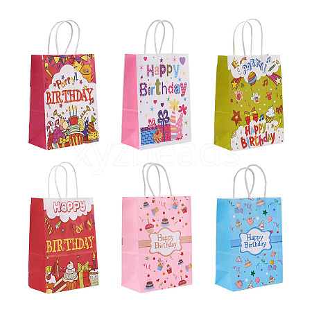 Mega Pet 18Pcs 6 Style Rectangle with Word Happy Birthday Kraft Paper Bags CARB-MP0001-01-1