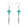Synthetic Turquoise Cross with Alloy Feather Dangle Earrings EJEW-TA00150-2