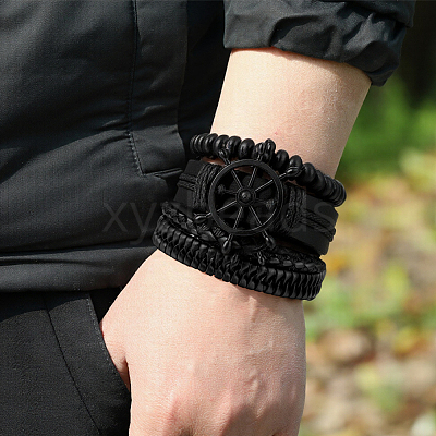 1Pc Cowhide & Imitation Leather Cord Knitted Multi-strand Bracelets AJEW-GF0011-50D-1