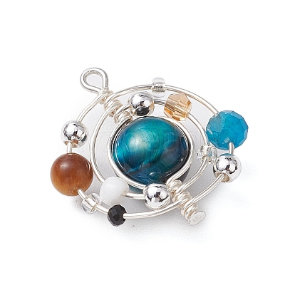 4Pcs 4 Colors Natural Tiger Eye(Dyed/Undyed) Copper Wire Wrapped Planet Pendants PALLOY-TA00180-1
