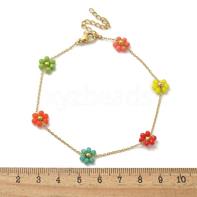 304 Stainless Steel & Synthetic Stone Daisy Flower Chain Anklets for Women AJEW-B031-01G-03-1