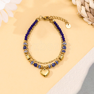 304 Stainless Steel Paperclip Chain & Natural Sodalite Beads Double Layered Bracelets WG3FEC9-03-1