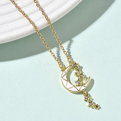 Brass Micro Pave Clear Cubic Zirconia White Moon with Star Pendant 304 Stainless Steel Chain Necklaces for Women NJEW-D341-11G-1