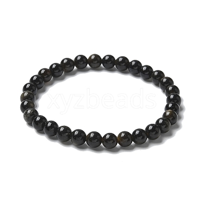 Natural Golden Sheen Obsidian Bead Stretch Bracelets X-BJEW-K212-A-020-1