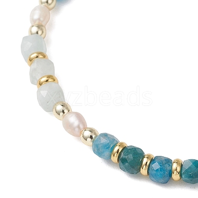 Natural Aquamarine & Natural Apatite  Cube Beaded Stretch Bracelets for Women BJEW-JB13390-02-1