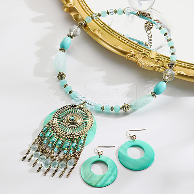 Bohemian Ethnic Style Alloy & Acrylic & Natural Shell Flat Round Tassel Pendant Necklaces & Dangle Earrings Sets FS-WGE5C82-02-1