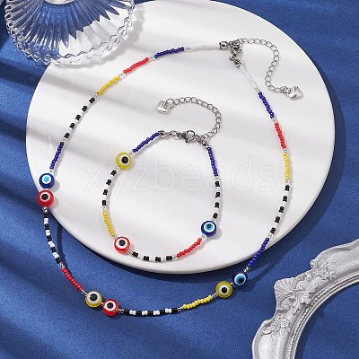 Resin Evil Eye & Glass Seed Beaded Jewelry Set SJEW-MZ00002-1