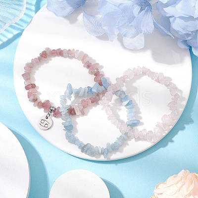 3Pcs 3 Styles Natural Aquamarine & Rose Quartz Chips Stretch Bracelets Sets BJEW-JB11076-06-1