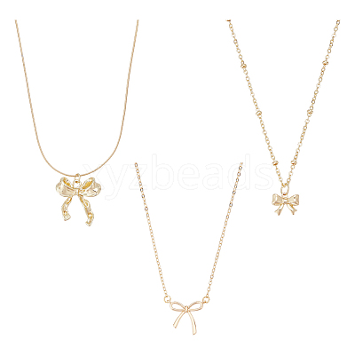 3Pcs 3 Styles Brass & Stainless Steel Bowknot Pendant Necklaces for Women NJEW-UN0001-66-1