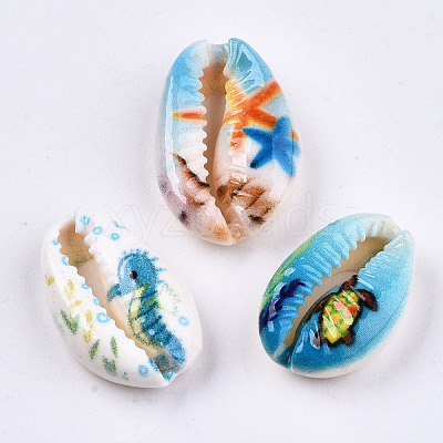 Printed Natural Cowrie Shell Beads X-SHEL-S266-21-1