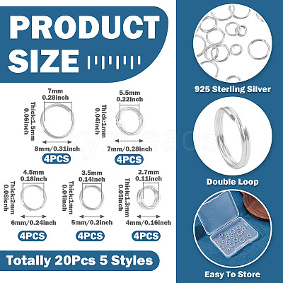 20Pcs 5 Styles 925 Sterling Silver Split Rings STER-TA0001-49-1