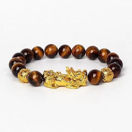 Golden Plated Alloy Pi Xiu 8MM Natural Tiger Eye Round Beaded Stretch Bracelet for Men QJ0349-5-1