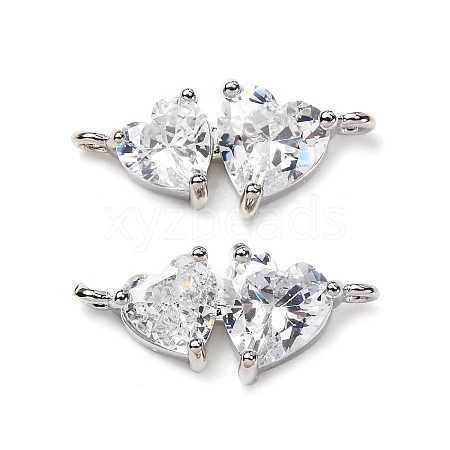 Brass Pave Clear Cubic Zirconia Double Heart Connector Charms KK-P308-74P-1