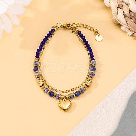 304 Stainless Steel Paperclip Chain & Natural Sodalite Beads Double Layered Bracelets WG3FEC9-03-1