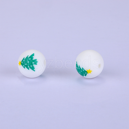 Christmas Printed Round with Christmas Tree Pattern Silicone Focal Beads SI-JX0056A-122-1