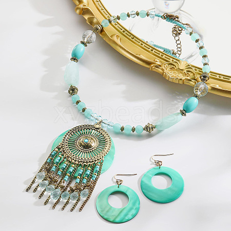 Bohemian Ethnic Style Alloy & Acrylic & Natural Shell Flat Round Tassel Pendant Necklaces & Dangle Earrings Sets FS-WGE5C82-02-1