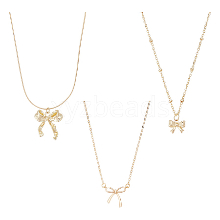 3Pcs 3 Styles Brass & Stainless Steel Bowknot Pendant Necklaces for Women NJEW-UN0001-66-1