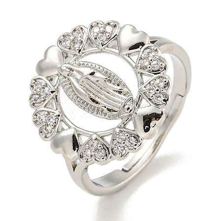 Flat Round with Saint & Heart Rack Plating Brass Micro Pave Cubic Zirconia Adjustable Rings RJEW-I105-04P-10-1