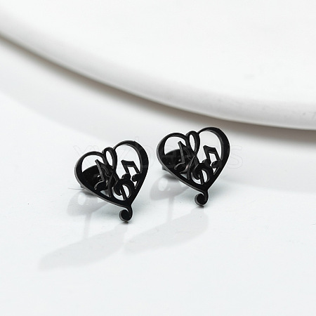 304 Stainless Steel Heart with Music Note Stud Earrings with 316 Stainless Steel Pins for Women MUSI-PW0001-25EB-1