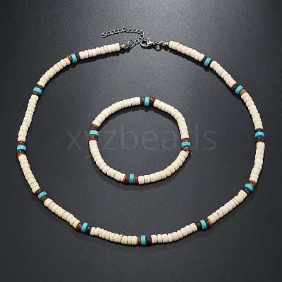 Bohemian Style Coconut Shell with Synthetic Turquoise Rondelle Beaded Necklaces & Bracelets Sets FS-WG8D889-03-1