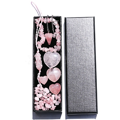 Natural Rose Quartz Dowsing Pendulum Cone Big Pendants & Heart Massage Stone & Bracelet & Pendant Decoration Sets PW-WG73208-01-1